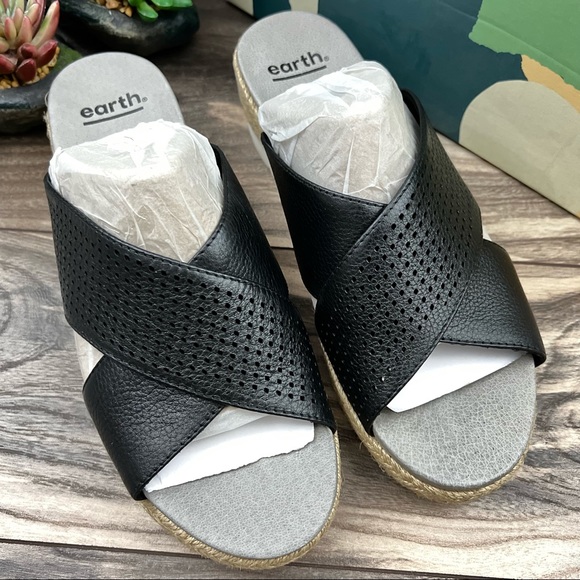 Earth Modena Marigold Espadrille Platform Wedge Slide Sandal 8.5M Black Leather - Picture 2 of 11